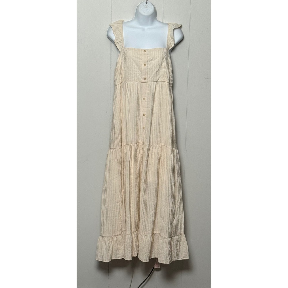 By the River Cream Crinkle Gauze Tiered Button Front Ruffle Maxi Dress Sz Large